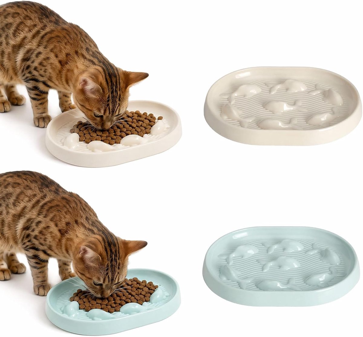 2 stuks anti-sling voerbak kat, ovale voerbak kat, anti-sling kom voor langzaam eten met anti-slip strepen, voerbak Slow Feeder voor katten en kleine honden, 18,5 x 14 cm