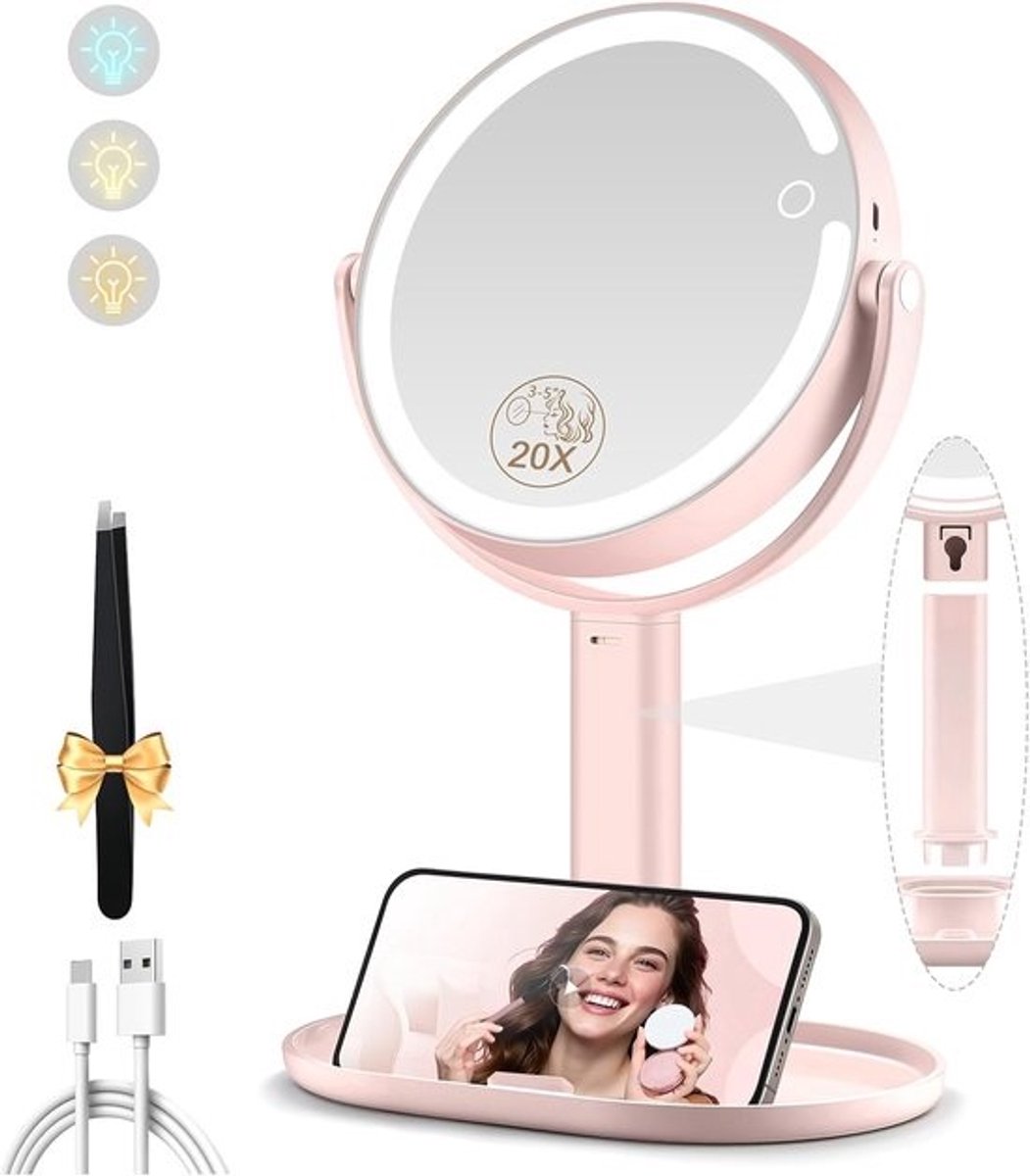 Make-up spiegel met LED-verlichting, dubbelzijdig met 20x vergroting, oplaadbaar en 360° draaibaar