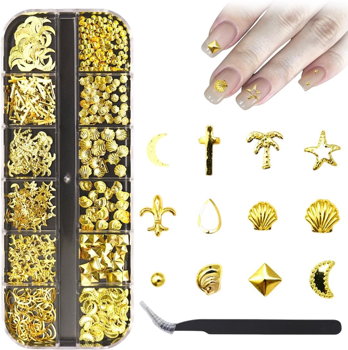 1 doos nagelbedels, nagelkunst, bedels nagels, maan, zeester, sint-jakobsschelpen, nagelsteinie set met pincet, nagelkunst bedels voor vrouwen nagelontwerp accessoires