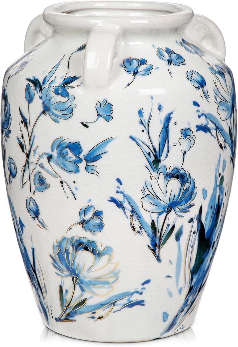 Keramische Vazen met Geschilderd Bladmotief - 9,3 Inch Vintage Ronde Pot voor Landelijke en Cottage Decoratie, Bloemstuk en Interieuraccessoire