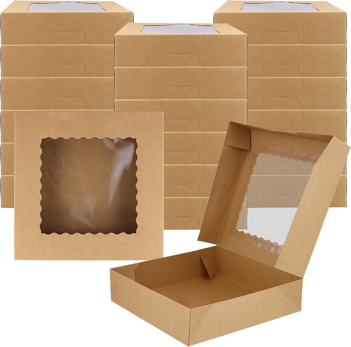 20 Stuks Bruine Taartdozen 26 x 26 x 6,3 cm met Venster, Ideaal voor Gebak, Koekjes en Cadeaus