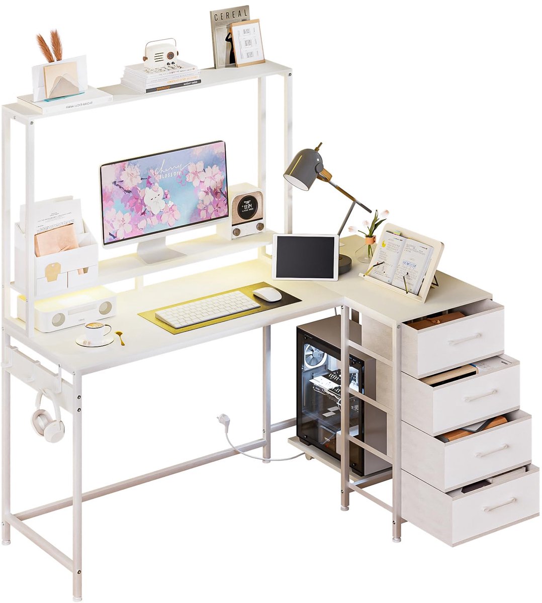 Yorbay Computertafel L-vorm met laden: bureau met monitorstandaard legplanken - ShopVlot