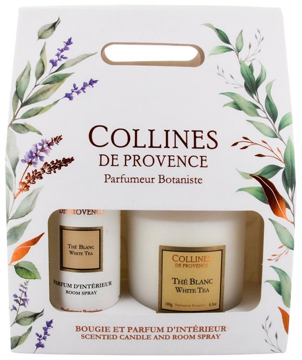 Collines de Provence Geschenkset Interieurparfum Duo 100 ml + Geurkaars 180 g (Geur : Witte thee)
