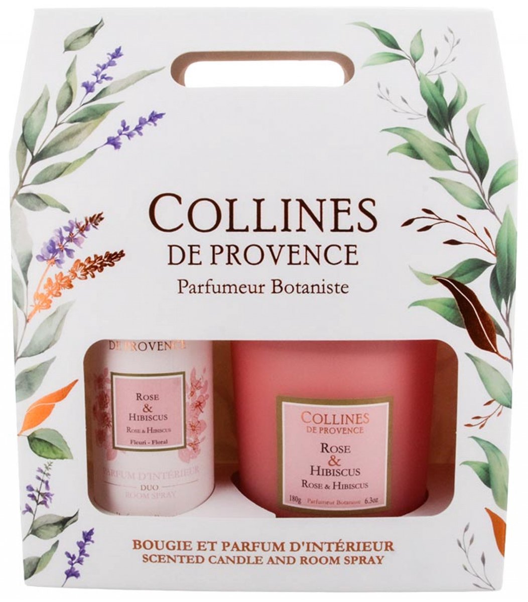 Collines de Provence Interieurparfum Duo Giftset 100 ml + Kaars Duo 180 g (Geur : Roos & Hibiscus)