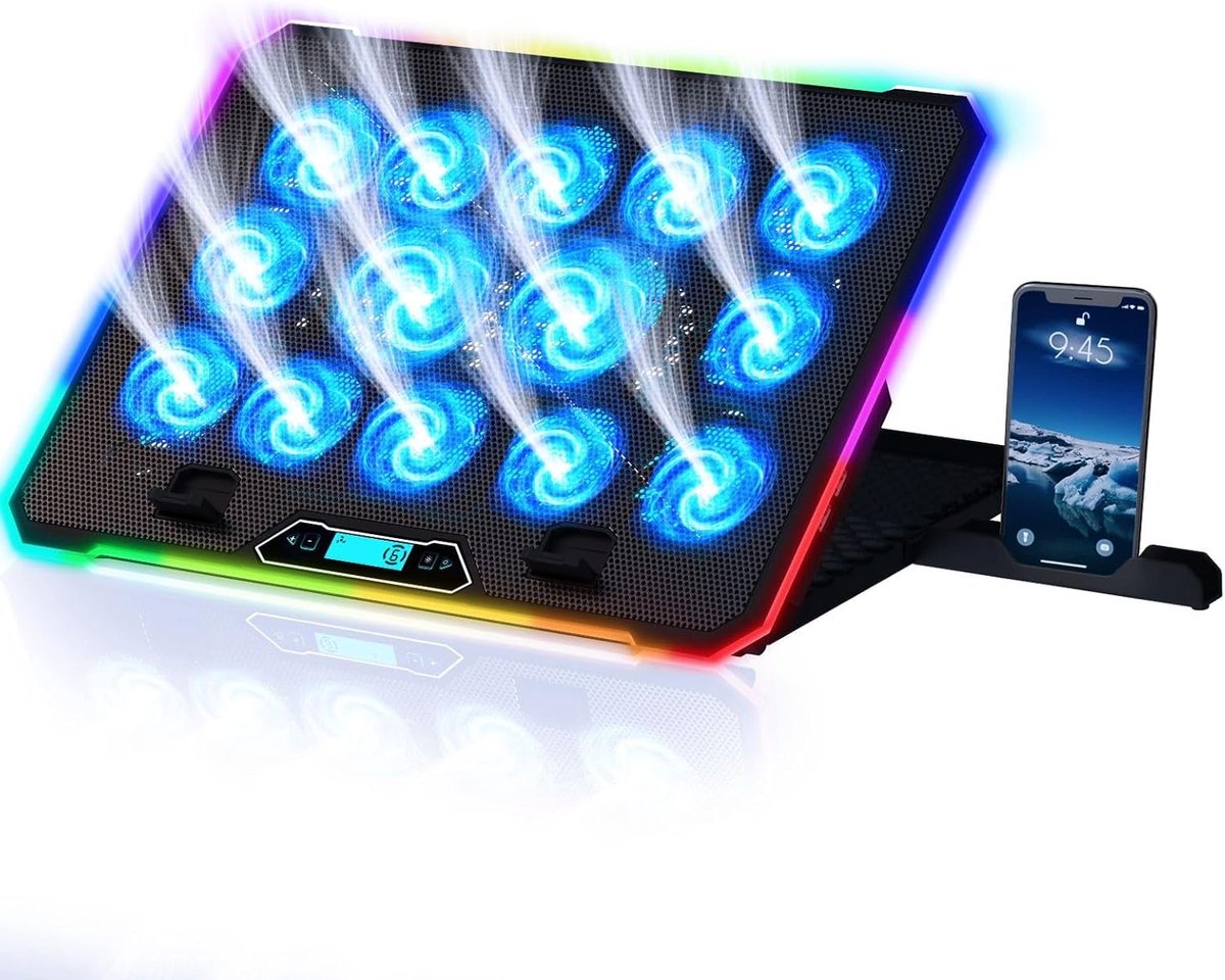 V14 Gaming Laptop Koelpad met 14 ventilatoren, RGB-standaard met ventilator, compatibel met laptops tot 17 inch, 2 USB-poorten, mobiele telefoonhouder