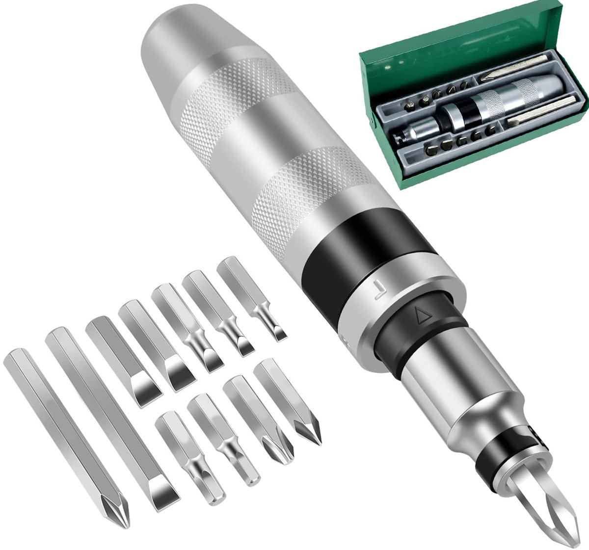 Professionele slagschroevendraaierset - Inclusief dolgedraaide boutuitdraaier - Koolstofstaal - 1/2 inch - 13 stuks - Groene blikken doos
