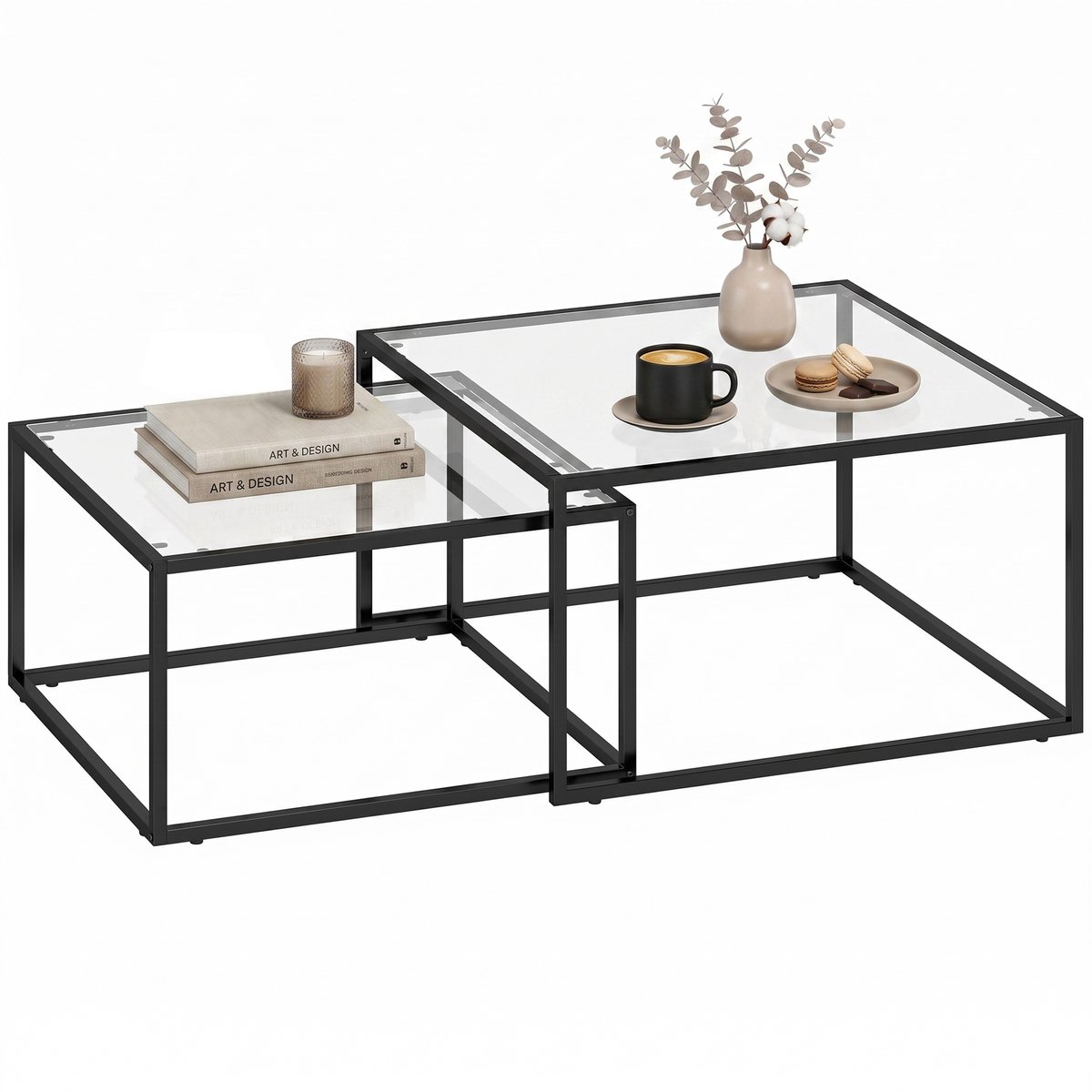 HOMCOM Coffee Table Set-Gehärtetes Glas, Metall-75L x 75B x 42H cm-Schwarz