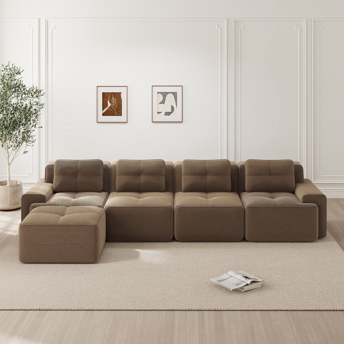 L-vormige woonkamer 4-zits bank - chaise longue modulebank - corduroy diepe zits wolkbank - geen montage nodig - antislip ontwerp - bruin