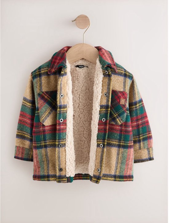 Open beige geruit jack met zachte borgvoering, Next-label bij de hals, hangend aan een kleerhanger.