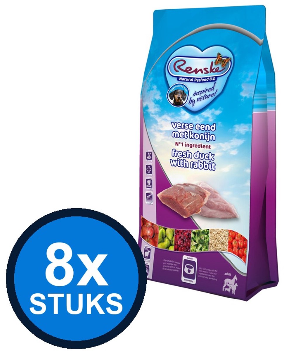 8x Renske Super Premium Hond Adult Verse Eend & Konijn - Hondenbrokken - 600g