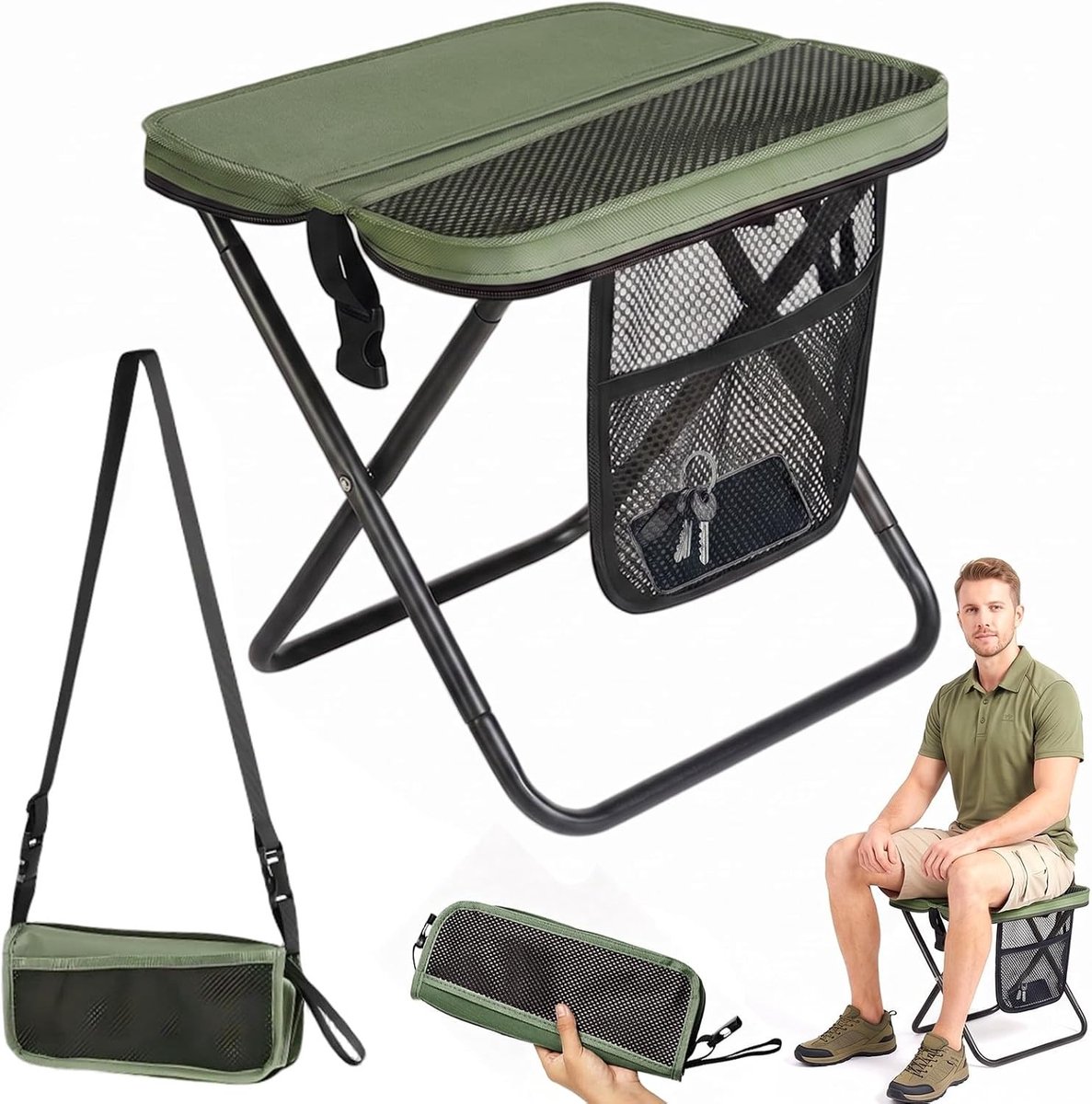 Opvouwbare campingkruk met opbergtas, ideaal voor reizen, picknicks, vissen en tuinactiviteiten (groen)