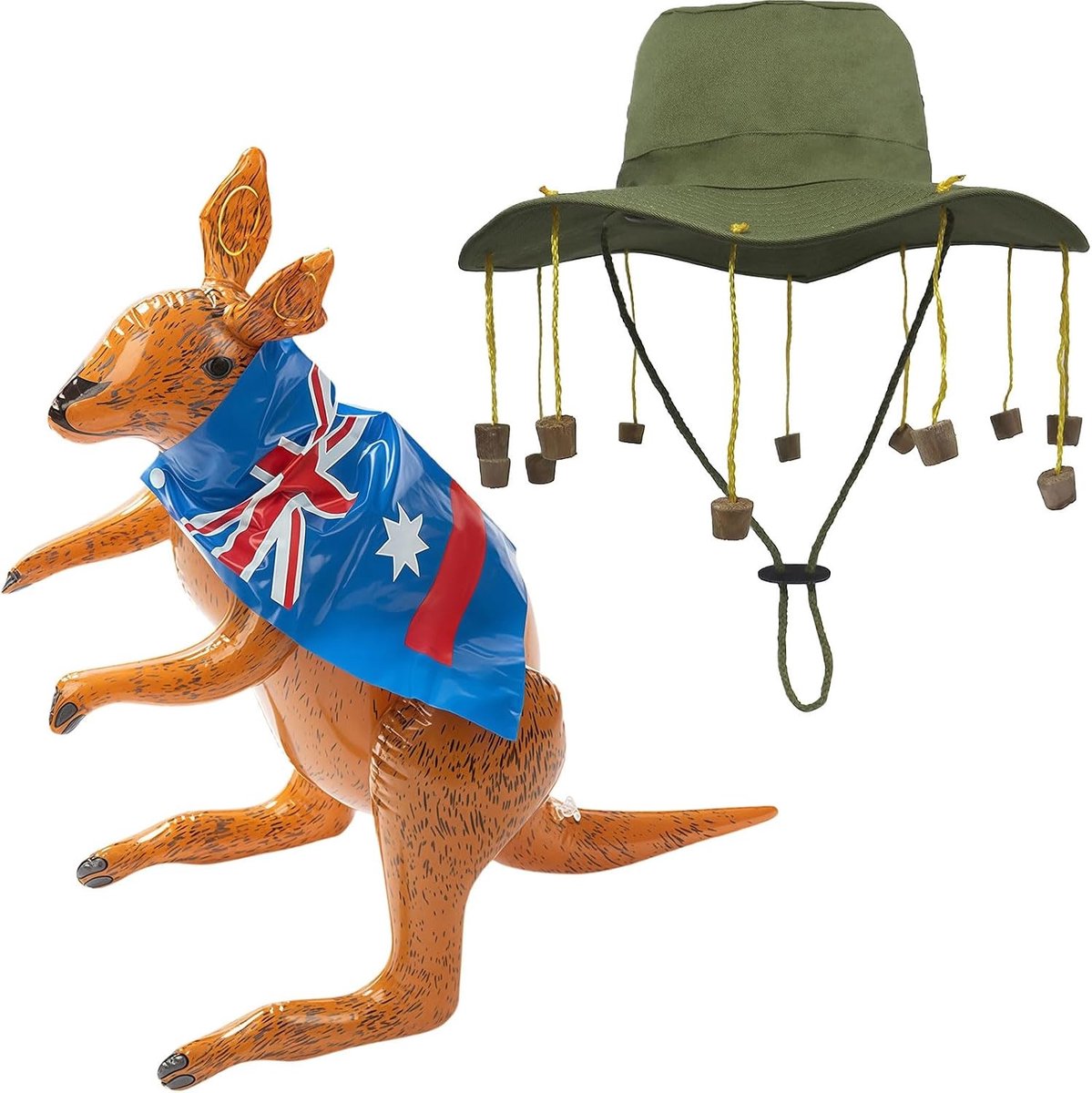 Volwassen Australische kurken hoed en opblaasbare kangaroo verkleedset voor feestjes en evenementen, klassieke bush hoed, kostuumaccessoires, Australische thema's