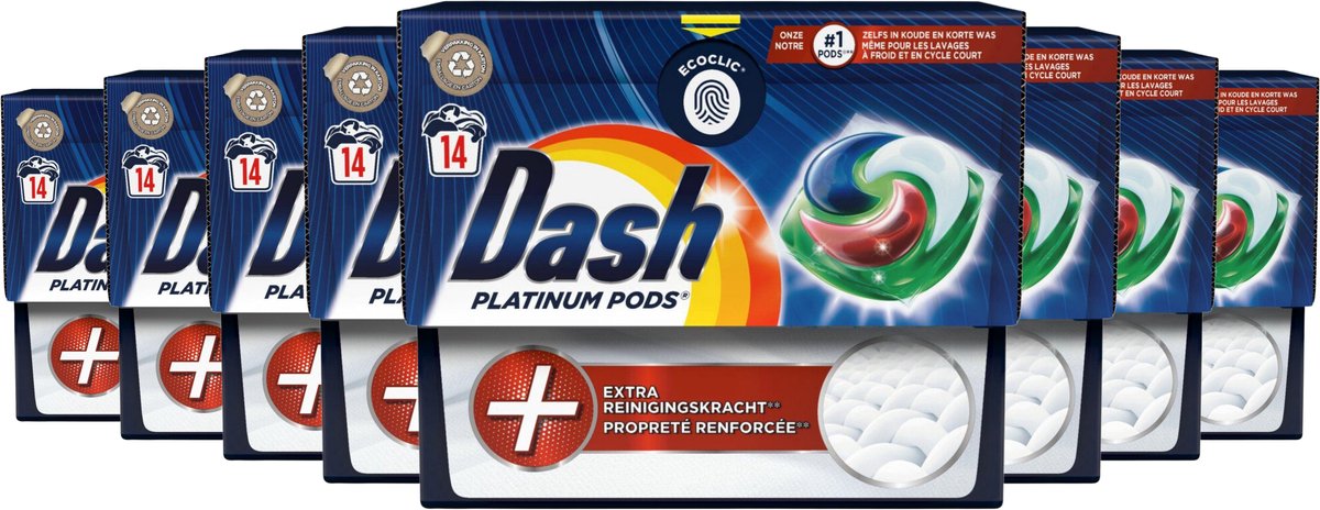 Dash Platinum wasmiddel pods 'Extra reinigingskracht' - 112 wascapsules (8 x 14) - Doeltreffend tegen hardnekkige vlekken - Onweerstaanbare frisheid, gegarandeerd - Werkt zelfs bij lagere temperaturen