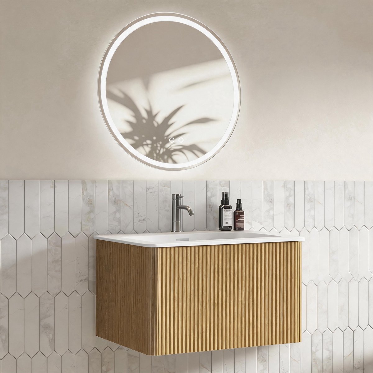 Badkamerkast Set met Spiegel - 60 cm Wandhangen Waschtisch met Onderschrank, Vormontage, Gestreepte Kast met Lade, Eichenfarbe, 60 cm Ronde LED Spiegel