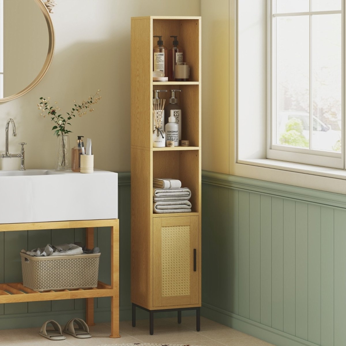 REDOM - Hoog Badkamerkast Smal - Boho Natur- & Rattan-Design, Openen Planken, Verstelbare Inlegbodem, Natuurlijke Houtoptiek
