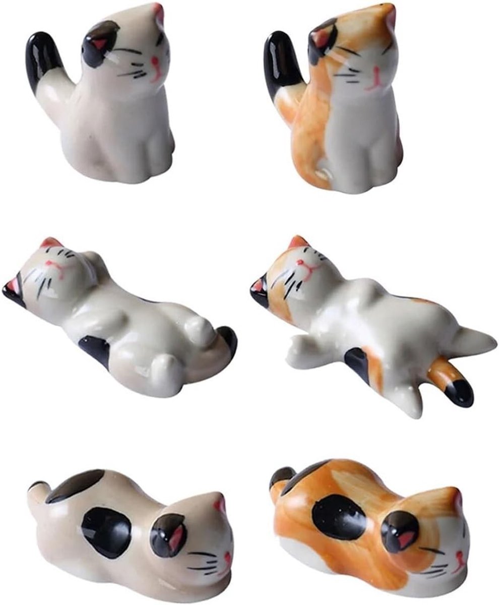 Ceramische Kat Stick Houder Set van 6 - Schattige Chopstick Holders voor Keuken en Eettafel, Bestekopslag en Decoratie