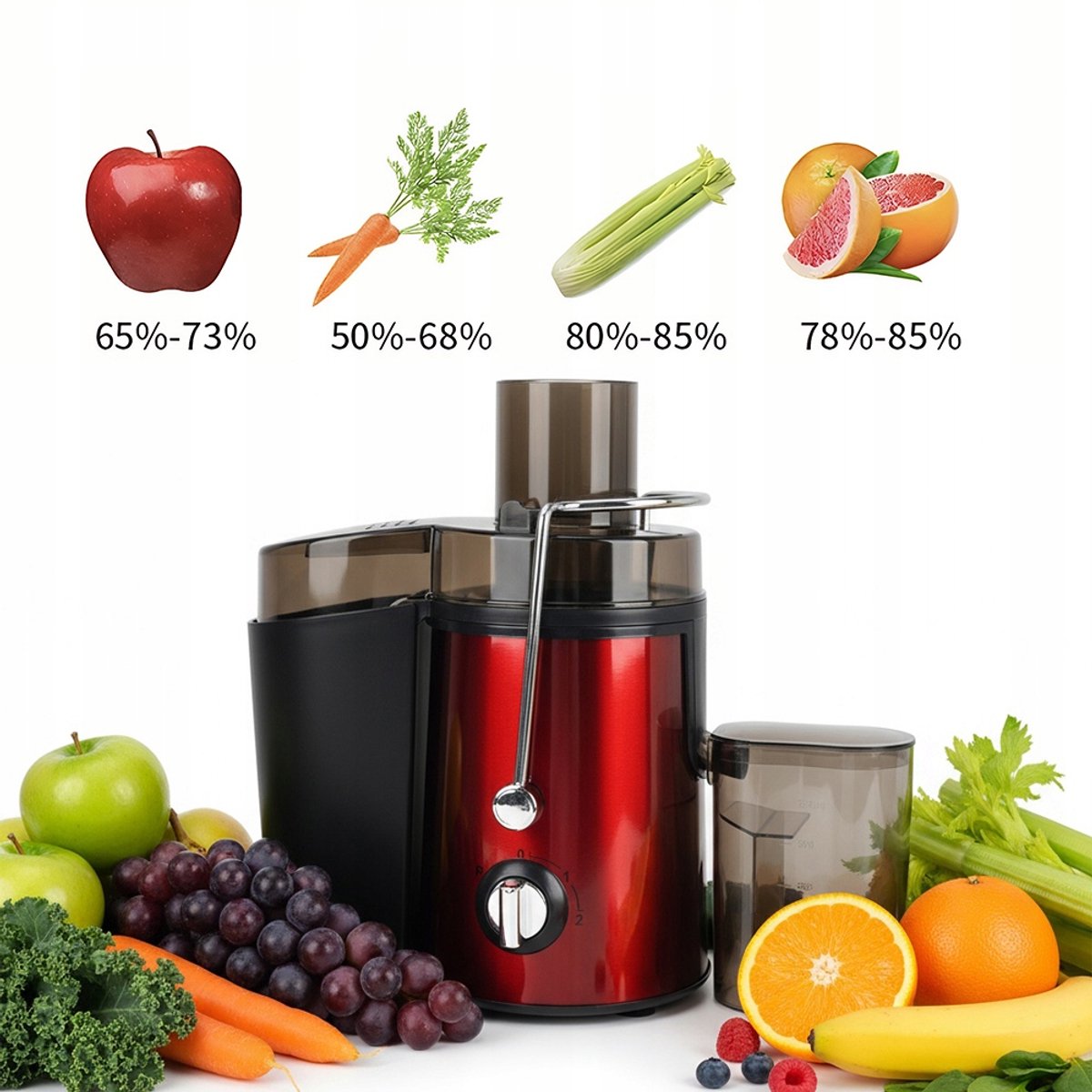 Elektrische Sapcentrifuge - 500 ml Juicer - Fruitpers & Citruspers - Sinaasappelpers - 1000W Motor - 2 Snelheden - Brede Vulopening - Veiligheidsslot - Sapmachine - Voor Groenten en Fruit - Rood thumbnail 3