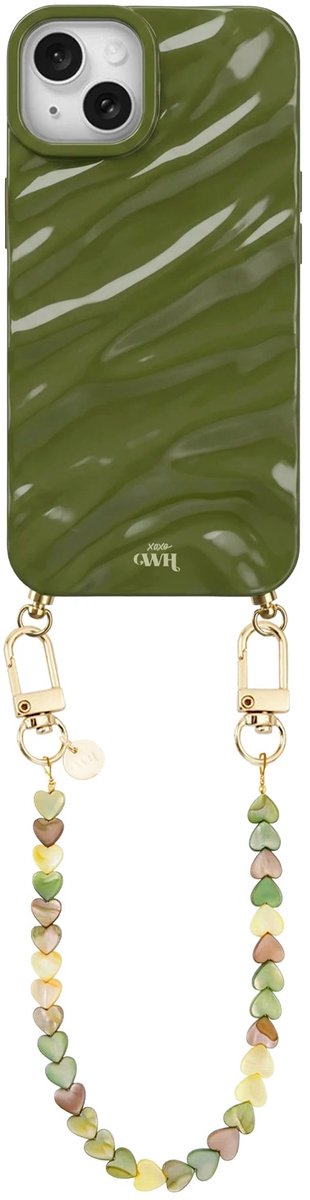 xoxo Wildhearts Green Glaze telefoonhoesje met koord - geschikt voor iPhone 14 Plus - Shell Hearts Olives (kort koord) - Dream hoesje met telefoonkoord - Glimmende silicone case met plooien - Hartjesketting - Groen