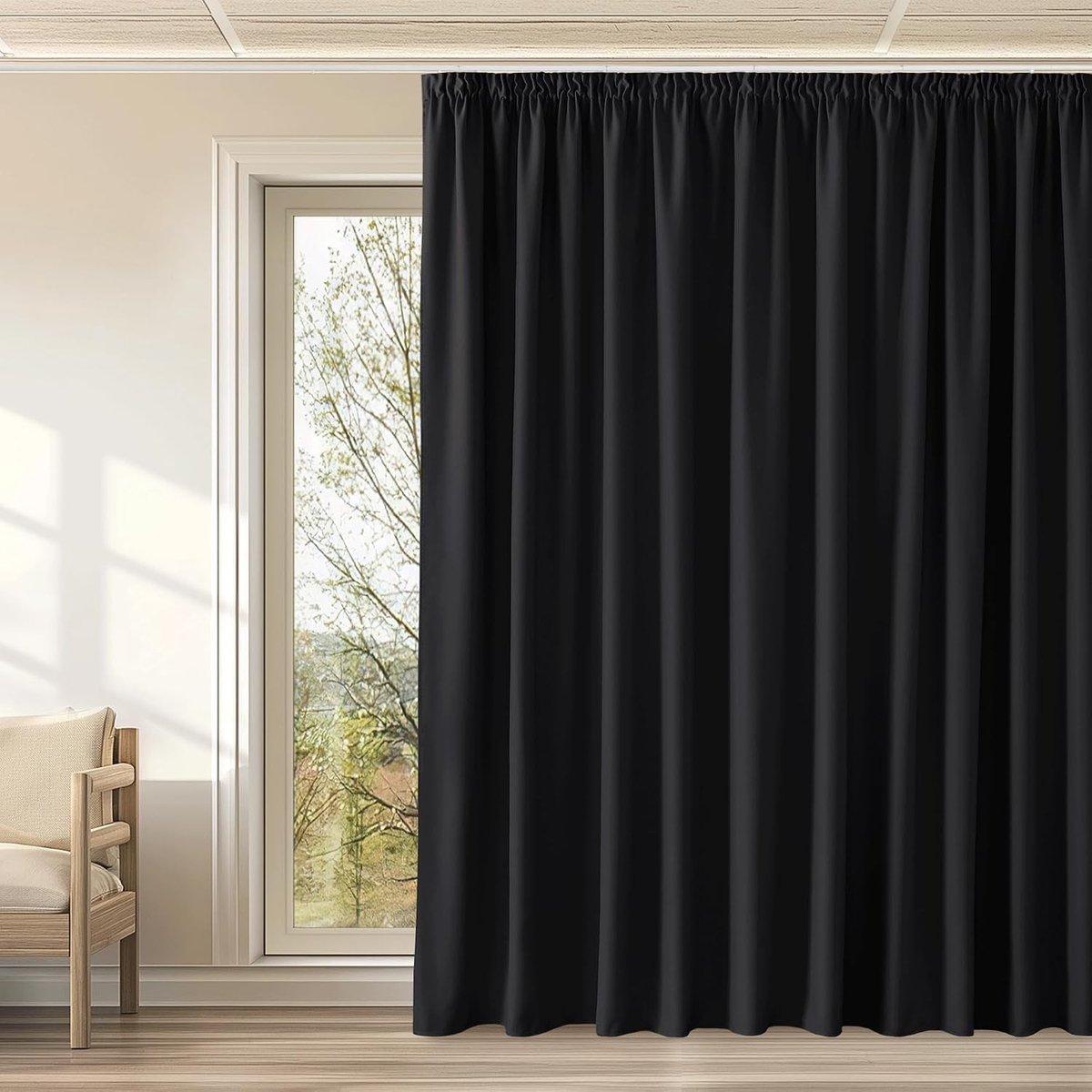 Akoestisch gordijn - Zwart - 300 x 240 cm - Warmte-isolerend verduisteringsgordijn met plooiband - Voor woonkamer en slaapkamer