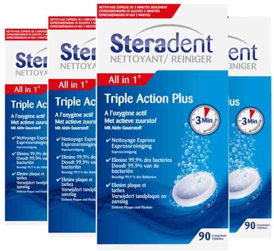 Steradent Triple Action Plus kunstgebitreiniger, 90 tabletten per doos. Drie verpakkingen op de voorgrond, twee op de achtergrond, met blauwe en witte accenten.