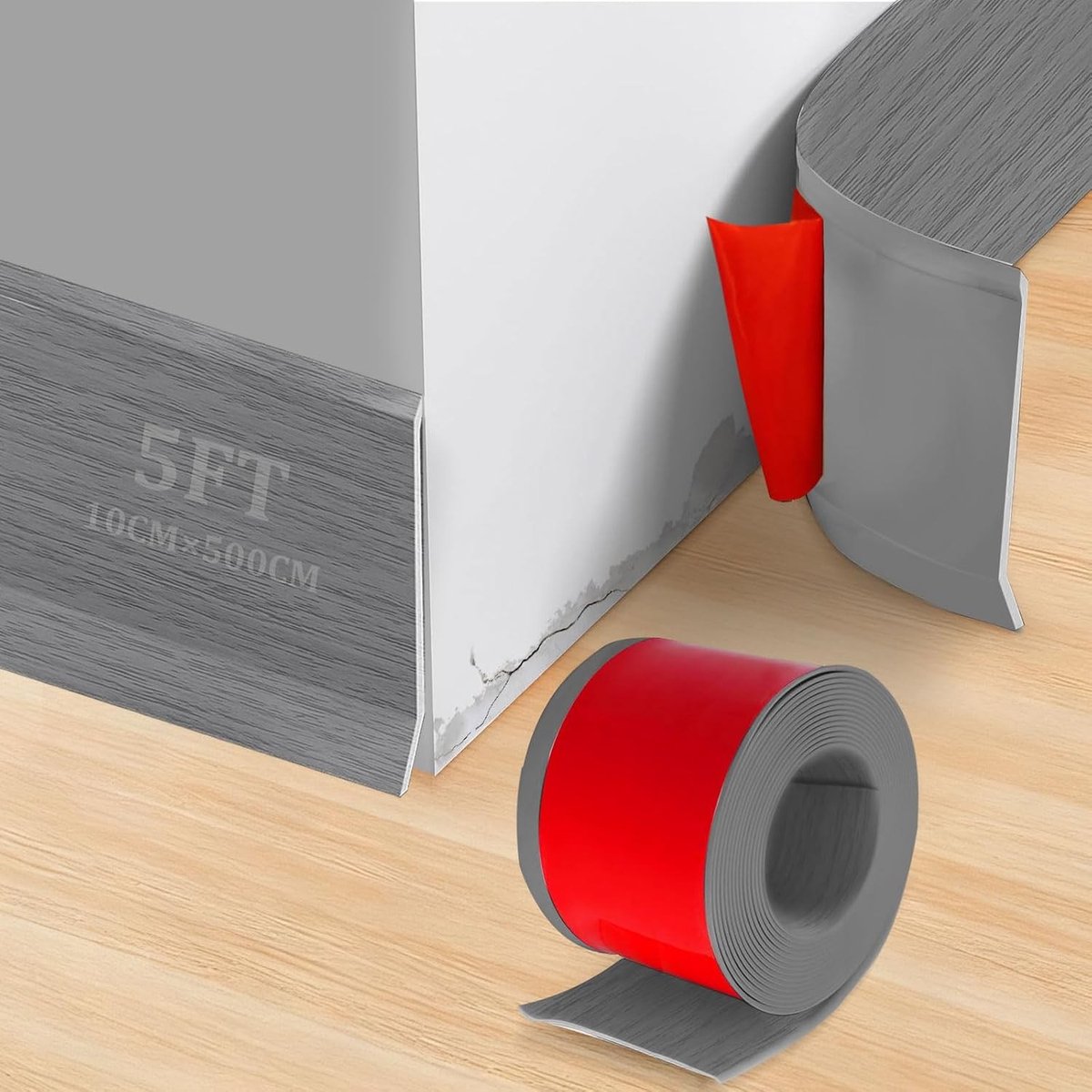Zelfklevende PVC Plinten in Grijs Houtstructuur, Flexibel en Aanpasbaar, Perfect voor Hoekafwerkingen en Interieurdecoratie, 5 m x 10 cm