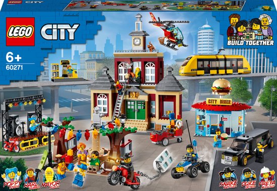 LEGO® City Marktplein 60271 speelset met een prachtig stadhuis, speelgoedlimousine, Amerikaanse diner, intercity-tramstation, 14 personages uit de LEGO City tv-serie, geweldig cadeau voor kinderen (1517 onderdelen)