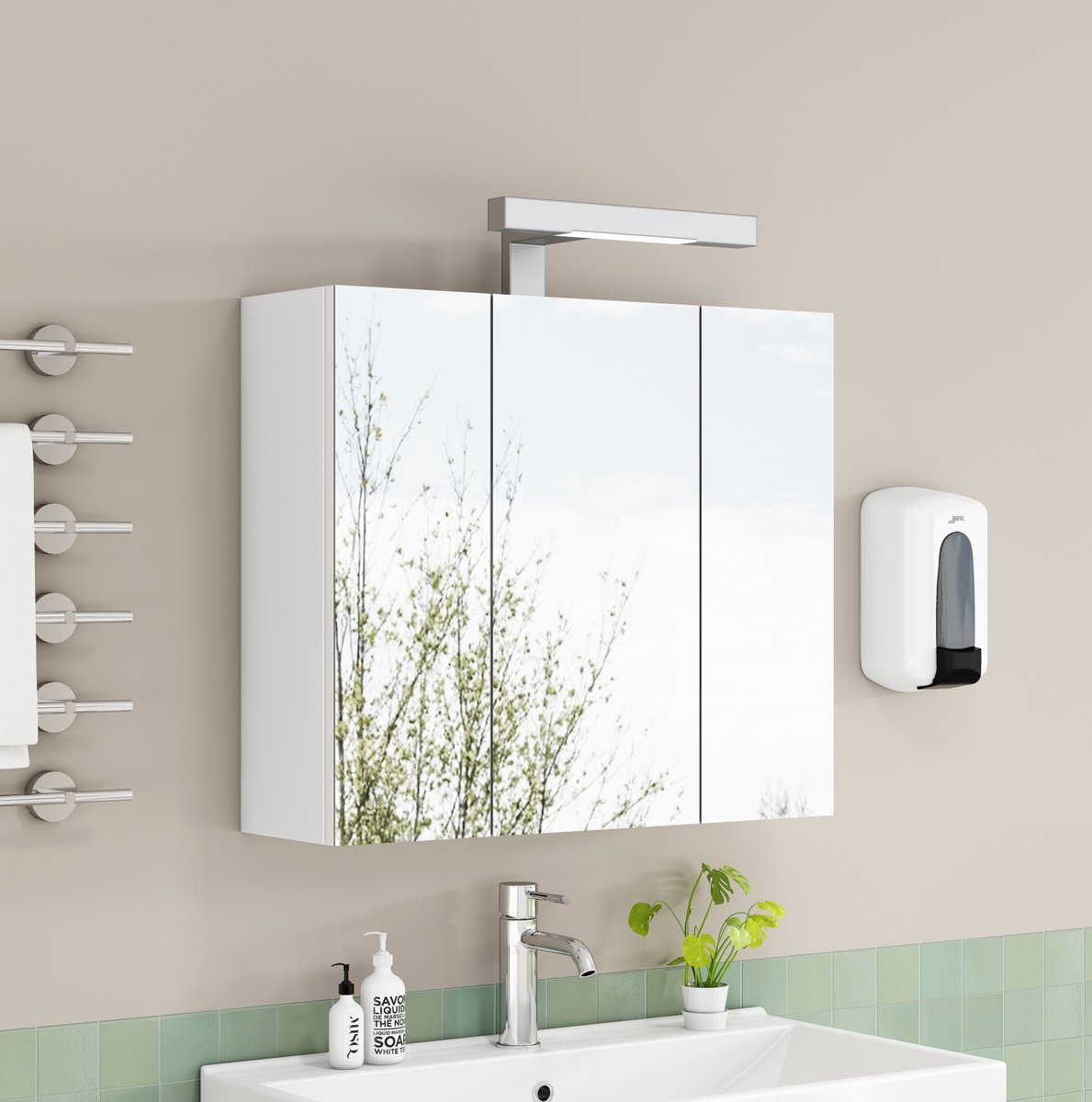 Spiegelkast 60 Cm - 3 Deuren Met Ledverlichting En Frans Stopcontact - Wandmontage Voor Badkamer - Wit - MDF En Glas - Verstelbare Glazen Planken