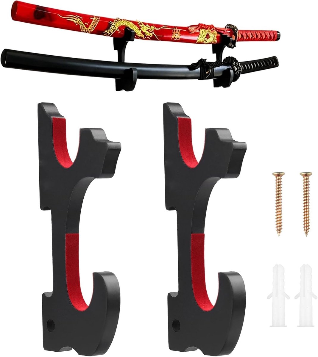 Zwaardhouder - Zwart - Hout - Universele Wandhouder met Verstelbare Gevoerde Haken - Voor Katana en Cosplay Zwaarden