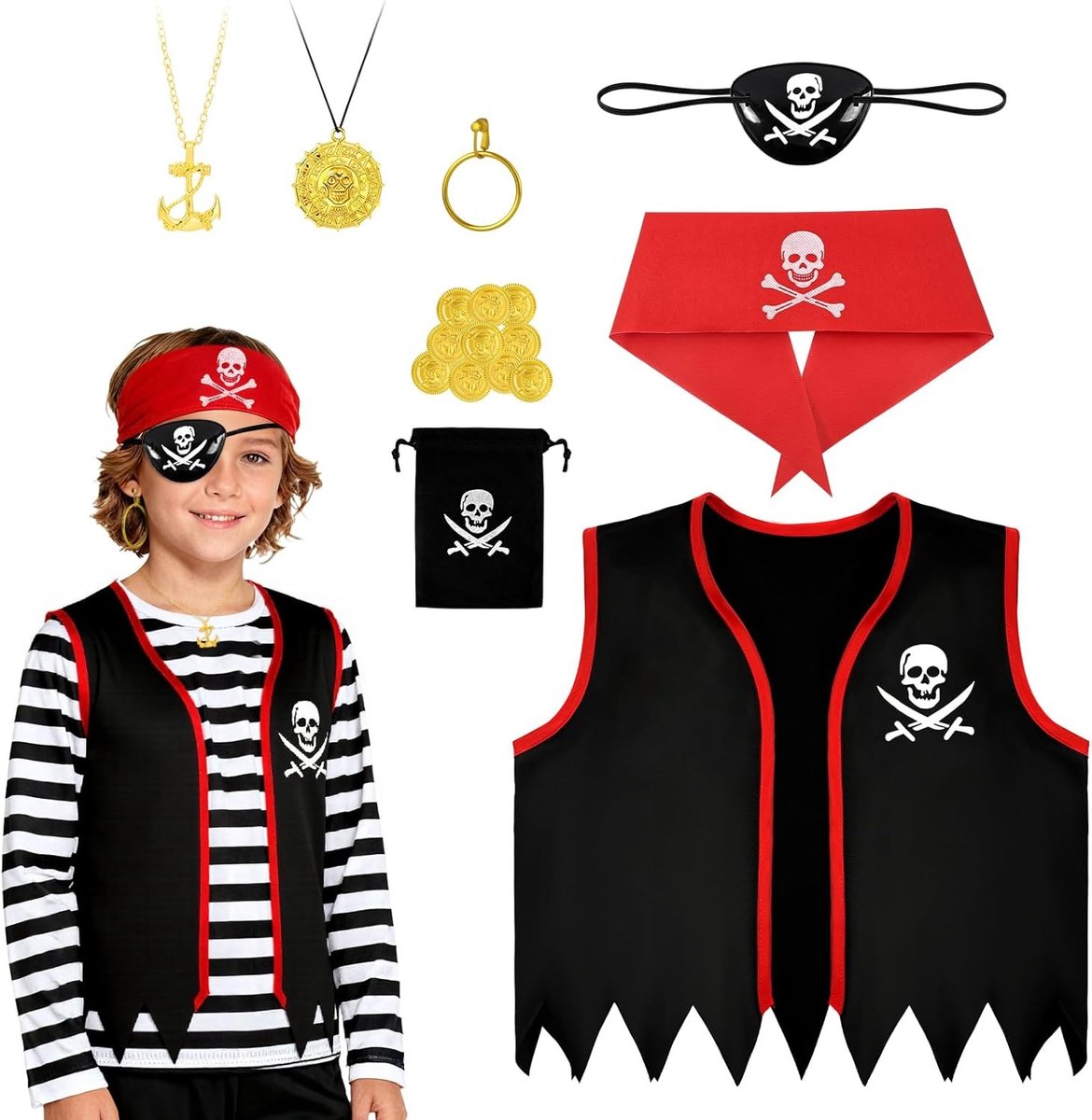 Piratenkostuum voor kinderen, 8-delig met bandana, blinddoek, halsketting en oorbellen, perfect voor carnaval, Halloween en piratenfeestjes