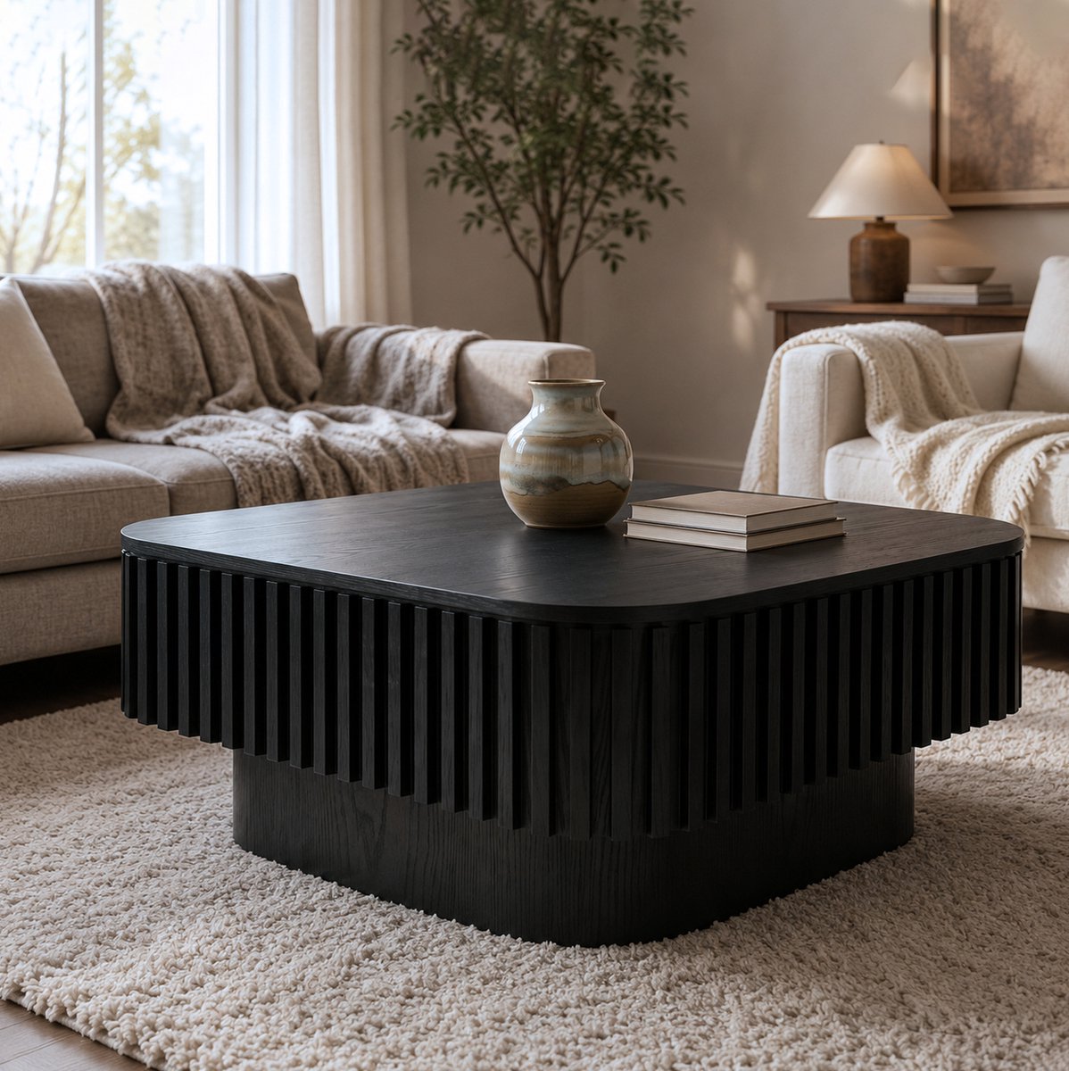REDOM - Salontafel - Verborgen opbergruimte - Afneembaar klapdeksel - Geribbelde structuur - Modern - Woonkamer - MDF en fineer - Zwart - 75 x 75 x 35 cm