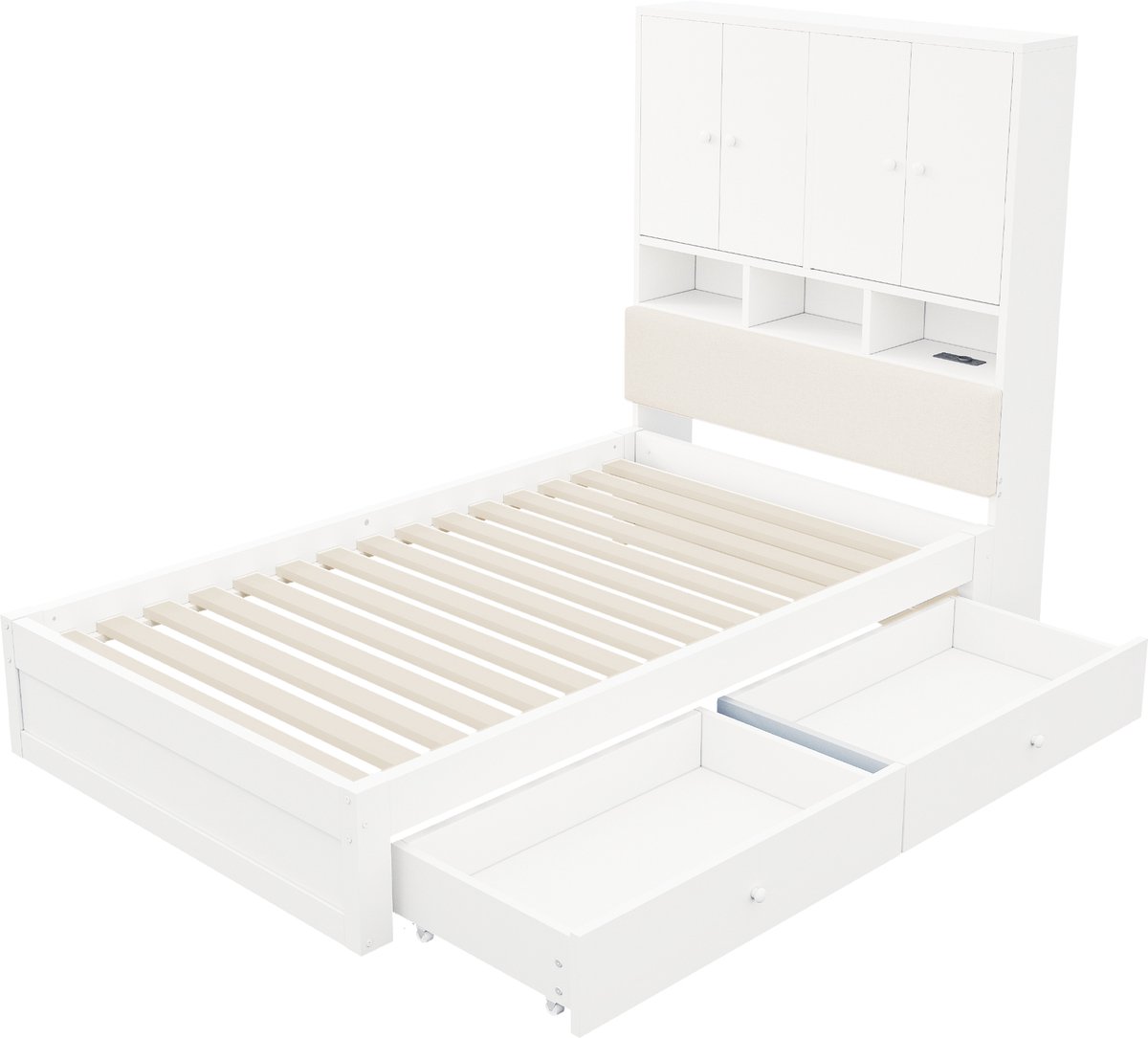WUVRIE Eenpersoons bed 90x200 cm met opbergend hoofdbord, 2 lades, LED, stopcontact en lattenbodem, wit