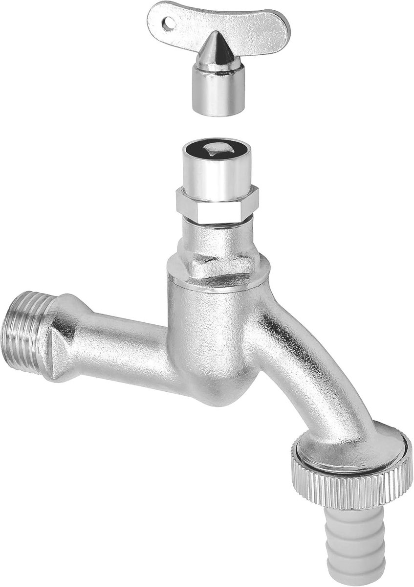 Omschakelklep douche - Mat chroom - 1/2 x 3/4 - Uitloopventiel met steeksleutel en slangschroefverbinding - Voor buiten en openbare ruimtes