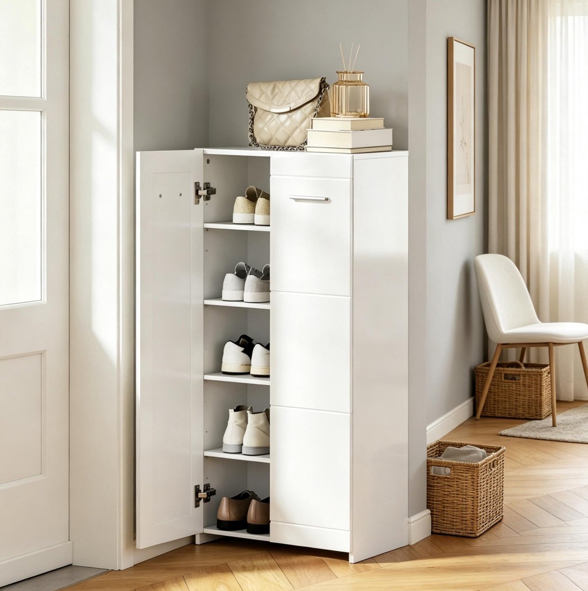 MIVRAY Schoenenkast Hoogglans Oppervlak Met Verstelbare Planken Voor Hal En Woonkamer Spaanplaat Wit 55 X 36 X 108 Cm