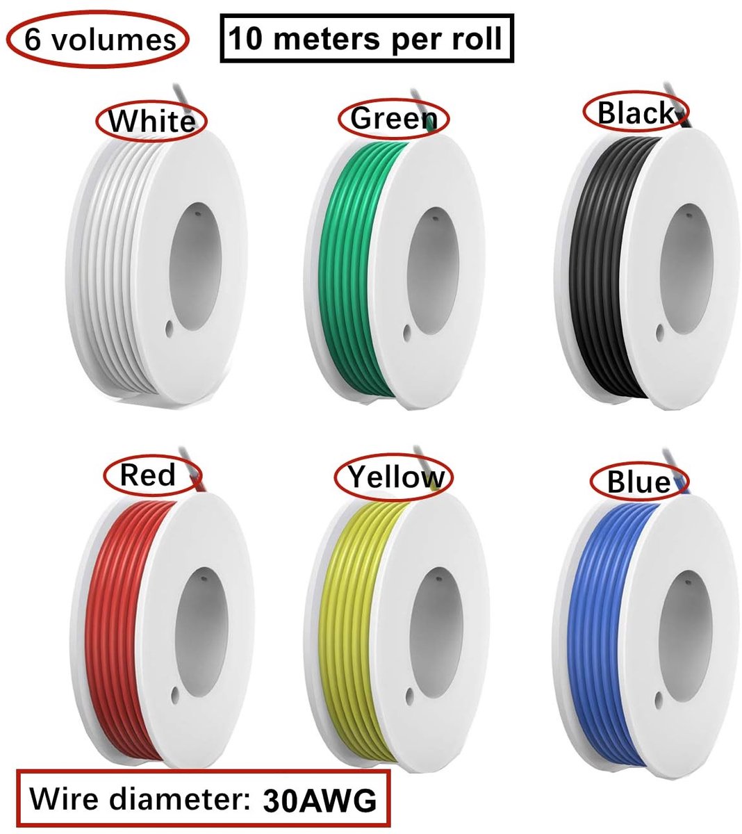 Flexibele 30 AWG Silicondraden Jumper Kit - 6 Stuks van 10 Meter in Diverse Kleuren, 300V Hoge Temperatuur Weerstand