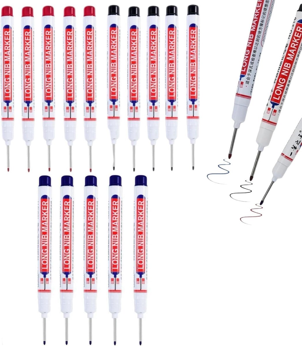 Set van 15 onuitwisbare markeerstiften voor bouwplaatsen, diep gat, 3 kleuren, 20 mm fijne punt, multifunctioneel voor hout, metaal en plastic
