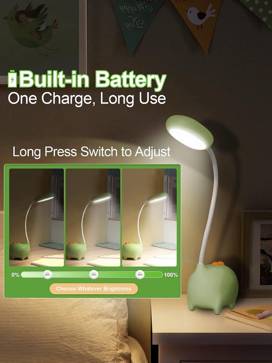 Dinosaurus bureaulamp, schattige kinderbureaulampen met aanraakbediening om te lezen, geen flikkering, 3 kleurmodi, nachtlampjes voor de kinderkamer, kawaii bureau-accessoires, kawaii kamerdecoratie voor jongens en meisjes, cadeaus — afbeelding 2