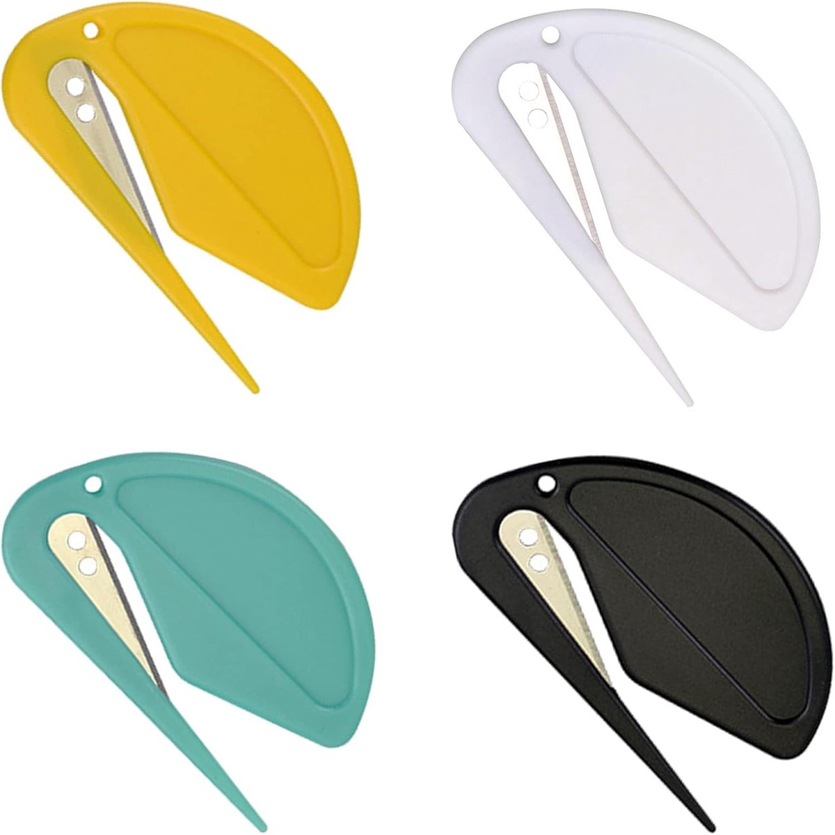 Set van 4 plastic handvat briefopeners met metalen mes voor enveloppen, pakketten en decoupage (4 kleuren)