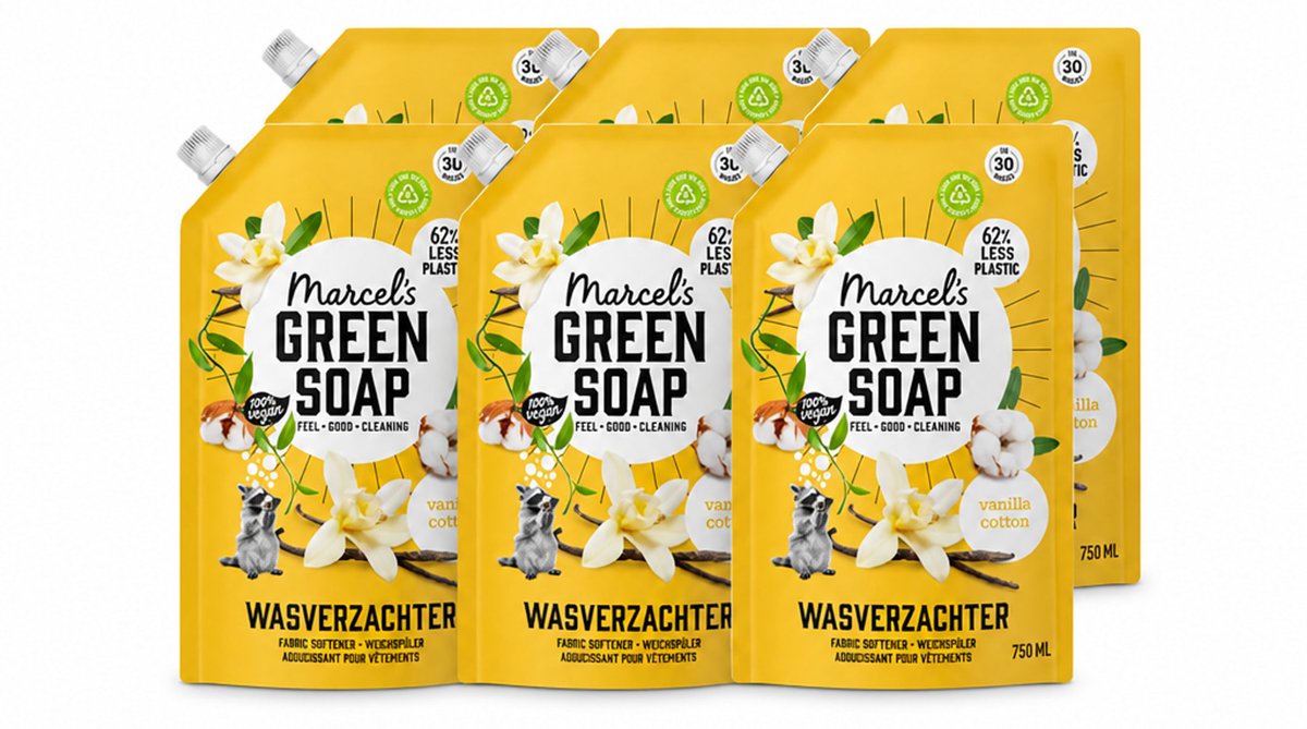 6 x Marcel's Green Soap - Wasverzachter - Navulling - Katoen & Vanille - Zachte frisheid- 30 Wasbeurten - 750 ml - Voordeelverpakking - 6 stuks
