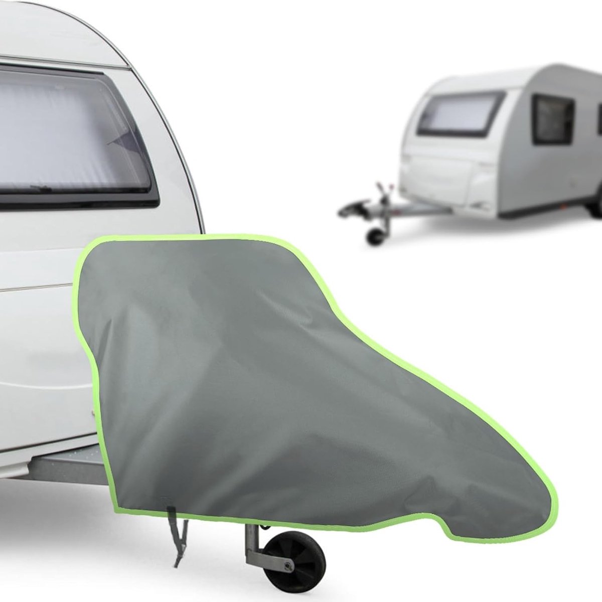 Universele Trekhaakhoes met Groene Reflecterende Strips en Kliksluiting - Weerbestendige 420D Tarpaulin Bescherming voor Caravans, Campers en Aanhangers, Grijs