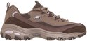Zijaanzicht van bruine Skechers D'Lites sneakers met taupe suède en mesh accenten en een dikke witte zool.