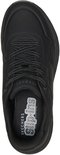 Bovenkant van de zwarte Skechers sneaker met veters en 'Skechers' en 'Comfort' logo's.
