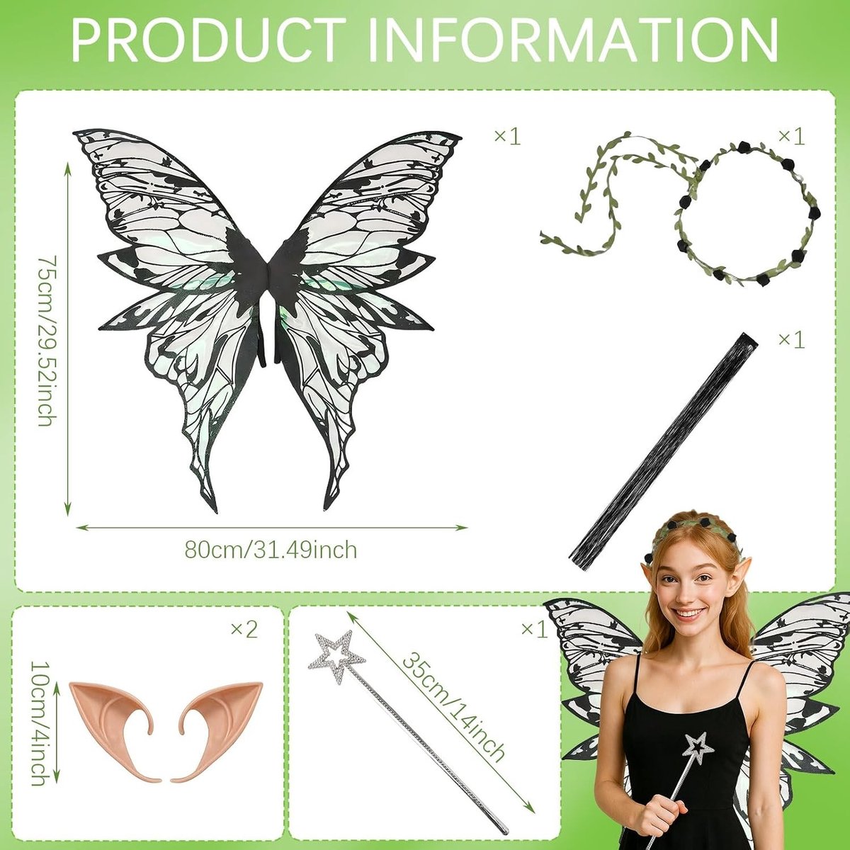 Volwassen engelenkostuum accessoires, vlinder vleugels, elf oren, bloemen haarband en toverstaf voor Halloween en cosplay feestjes