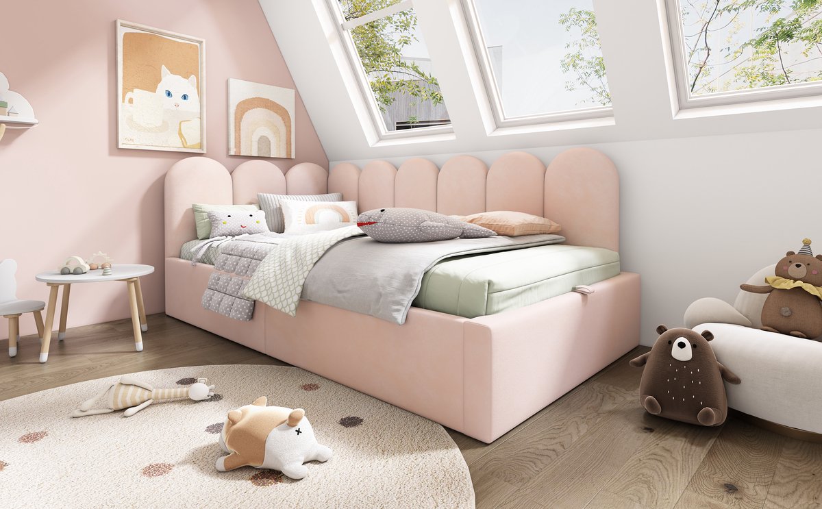 WUVRIE Bedbank 90x200 cm met hydraulische opbergruimte en fluwelen bekleding, roze