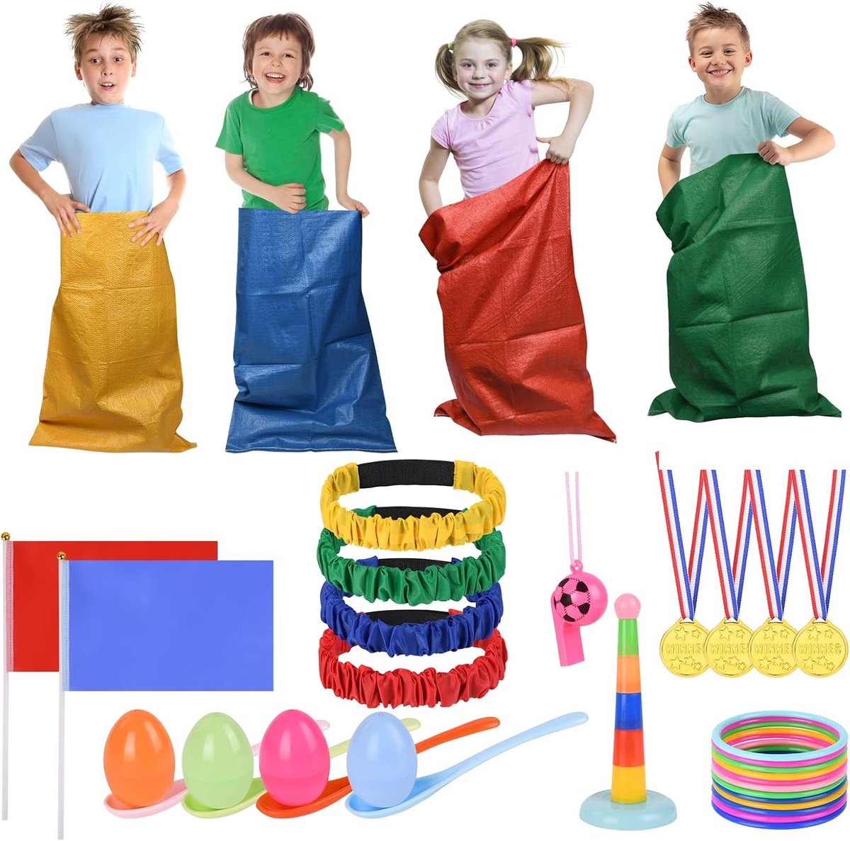 Kinderverjaardagsspelletjes voor buiten, tuinspellen en eierlopen voor feestelijke activiteiten met medailles en plezier voor kinderen en volwassenen