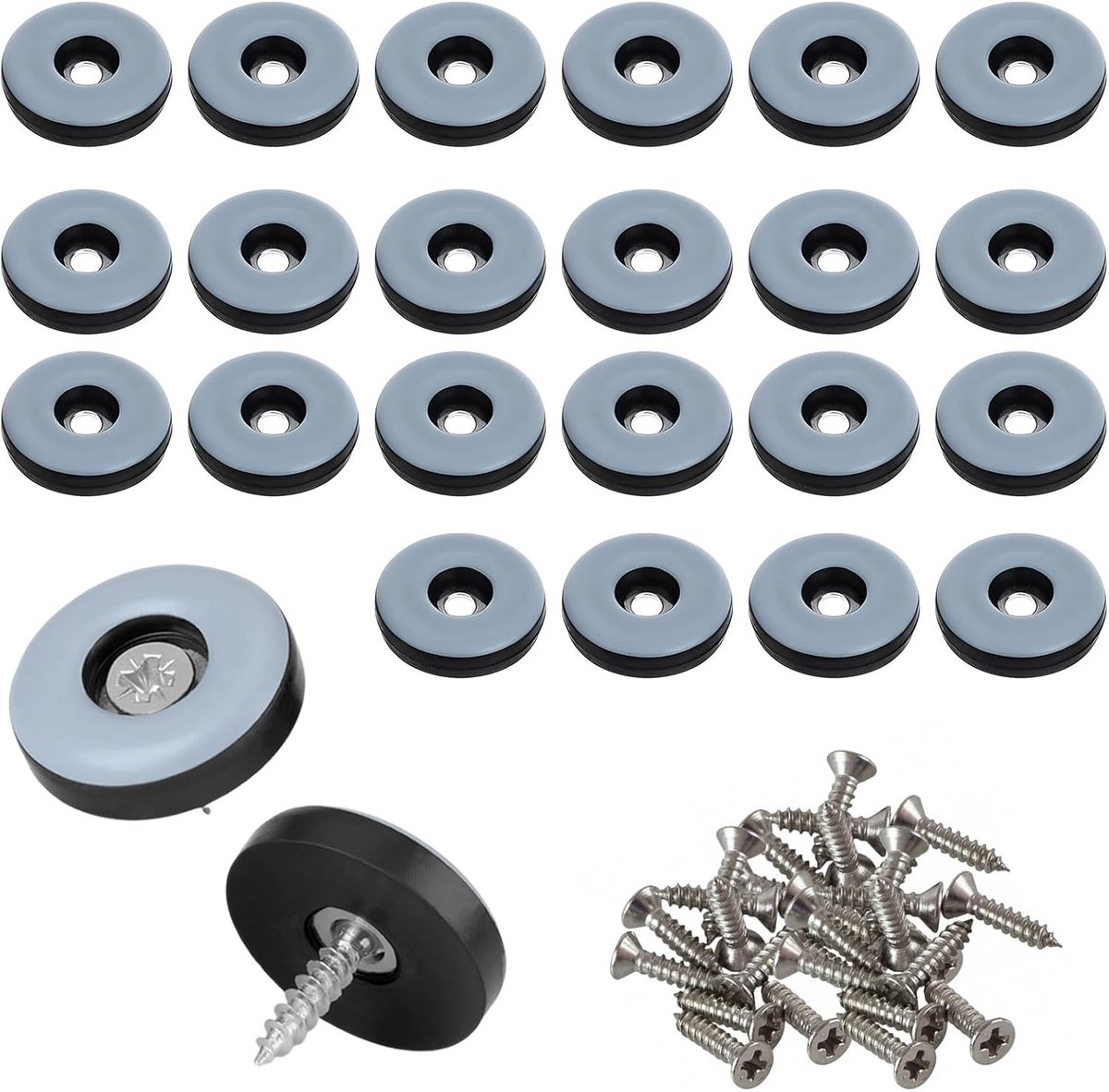 Set van 24 ronde zwarte glijders voor meubels met een diameter van 22 mm en 24 roestvrijstalen schroeven voor optimale bescherming van meubels, stoelen en vloeren