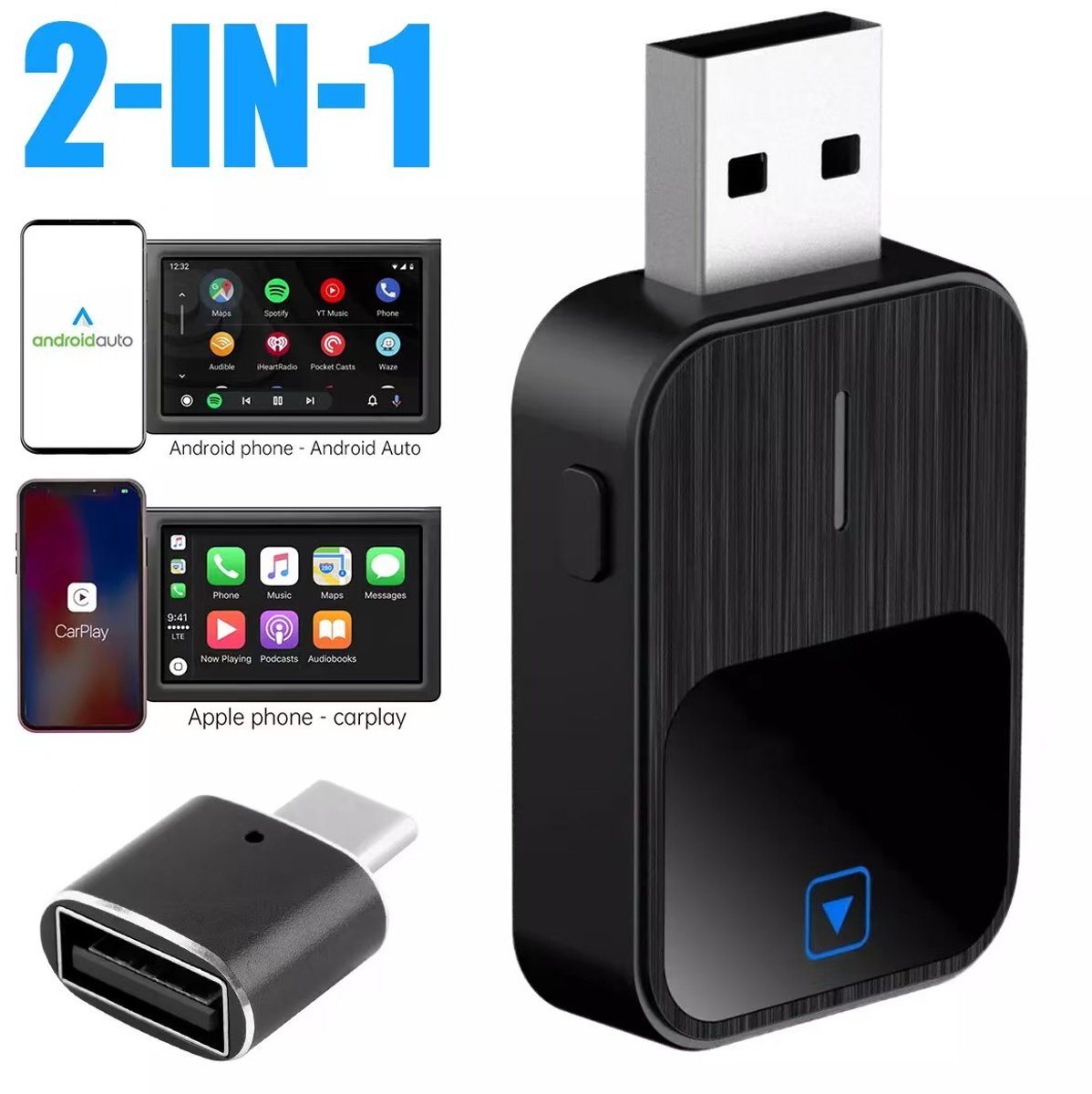 2-in-1 draadloze automatische adapter CarPlay en Android – snelle omschakeling met één knop, compatibel met iPhone en Android Auto, voor auto