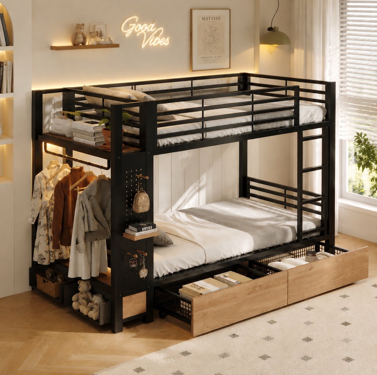 Wishdor Stapelbed 90 x 200 cm - Met 4 laden en opbergvlakken - LED-lichtstrip en kledingstang - Zwart metalen frame met MDF - Slaapkamer logeerkamer studentenwoning