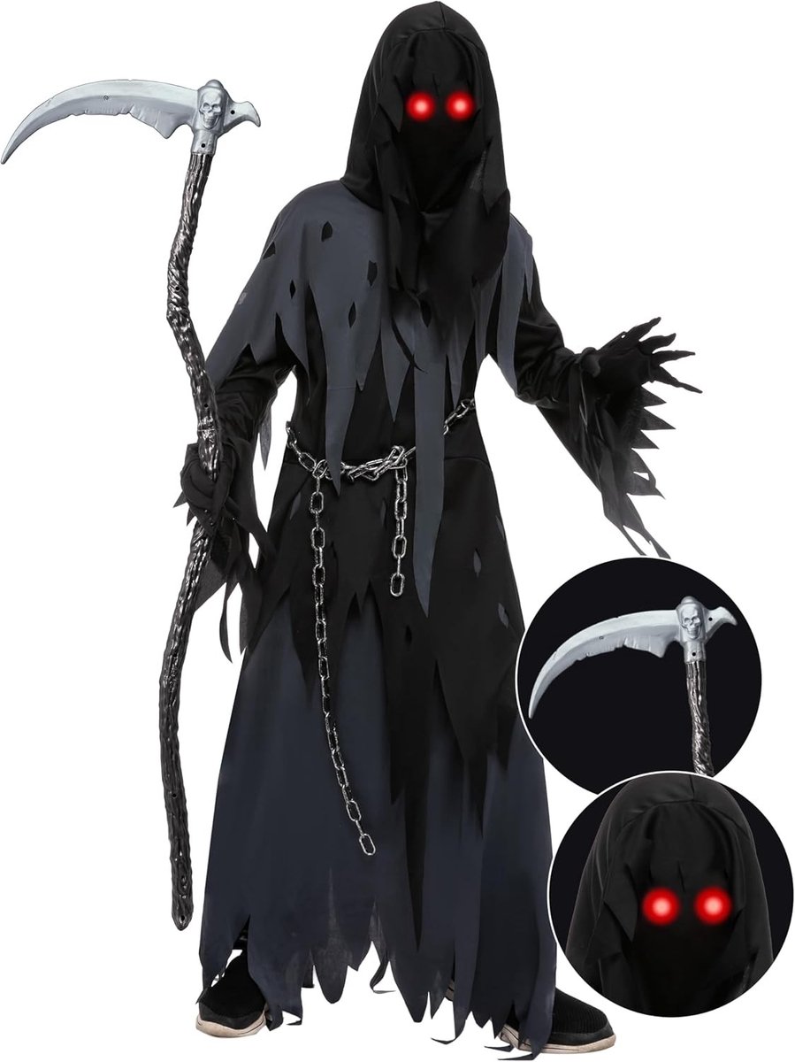 Griezelige Grim Reaper Kostuum voor Kinderen - Scary Halloween Outfit met Zwart Gewaad en Accessoires