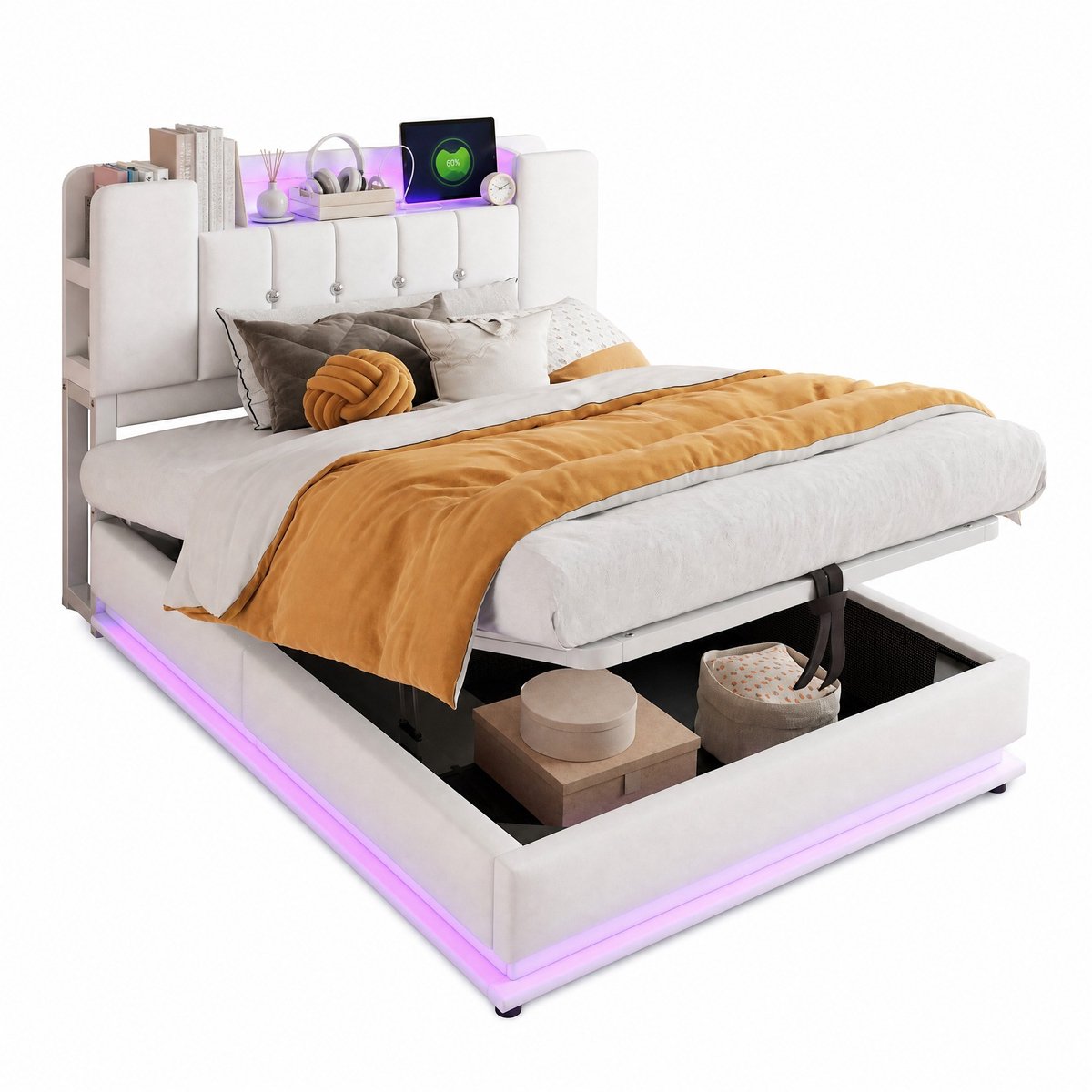 WUVRIE Kinderbed 90x200 cm met LED, USB en opbergruimte, beige