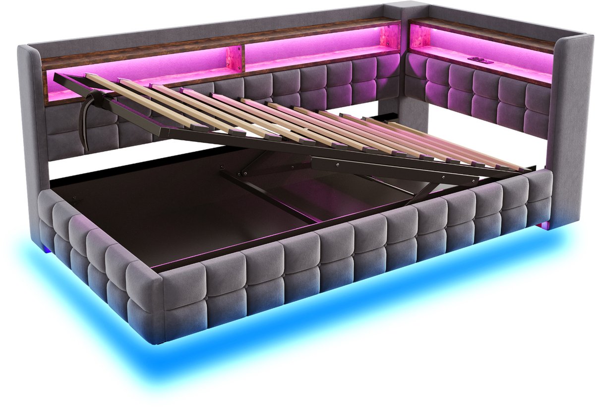 WUVRIE Slaapbank 90x200 cm met hydraulische opbergruimte, LED en oplaadpunten, grijs